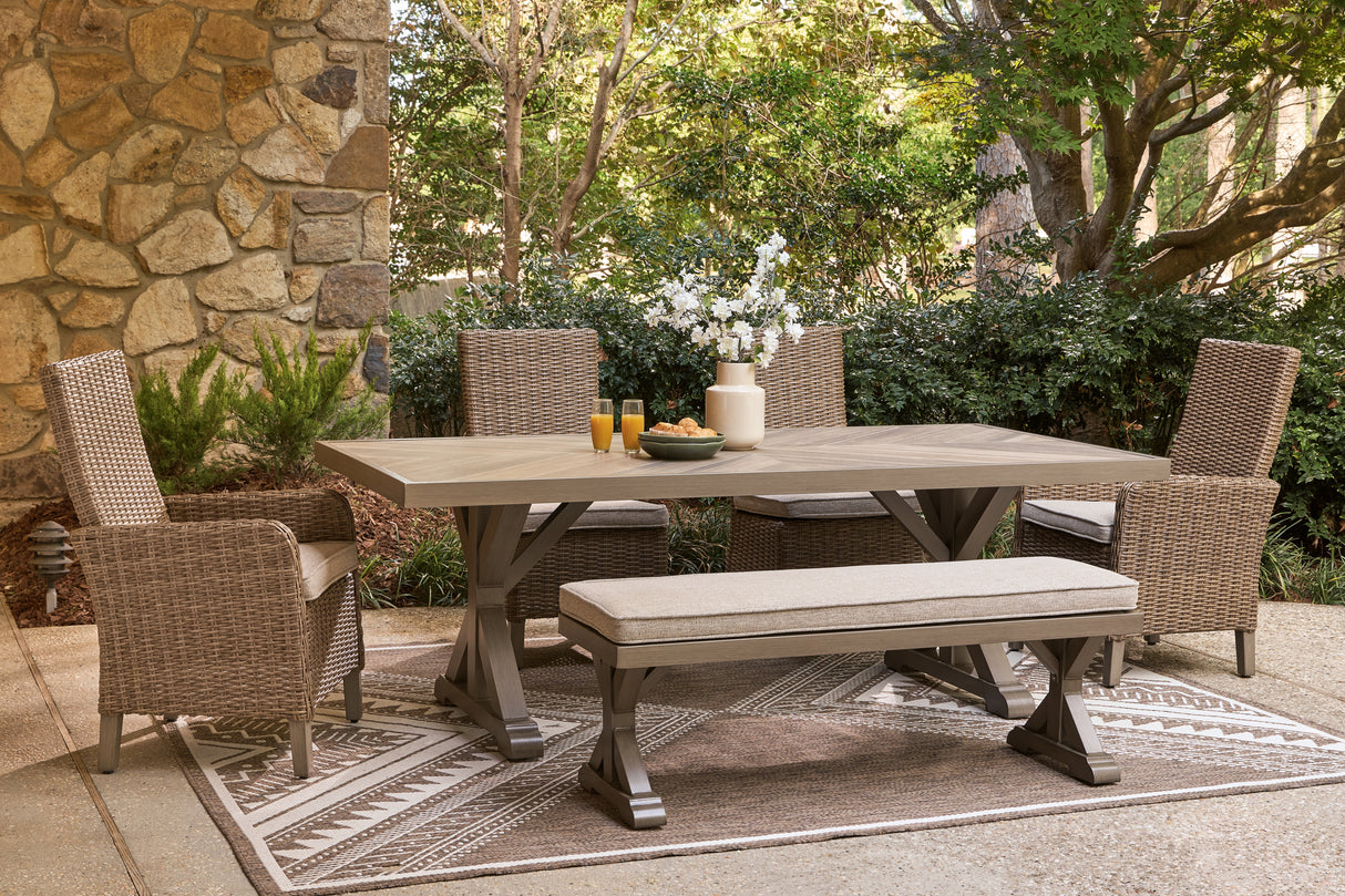 Laguna Heights Outdoor Dining Table and 4 Chairs and Bench in Beige from Ashley Furniture - Luna Furniture