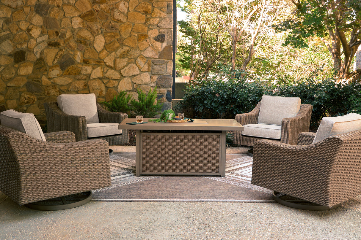 Laguna Heights Outdoor Fire Pit Table and 4 Chairs in Beige from Ashley - Luna Furniture