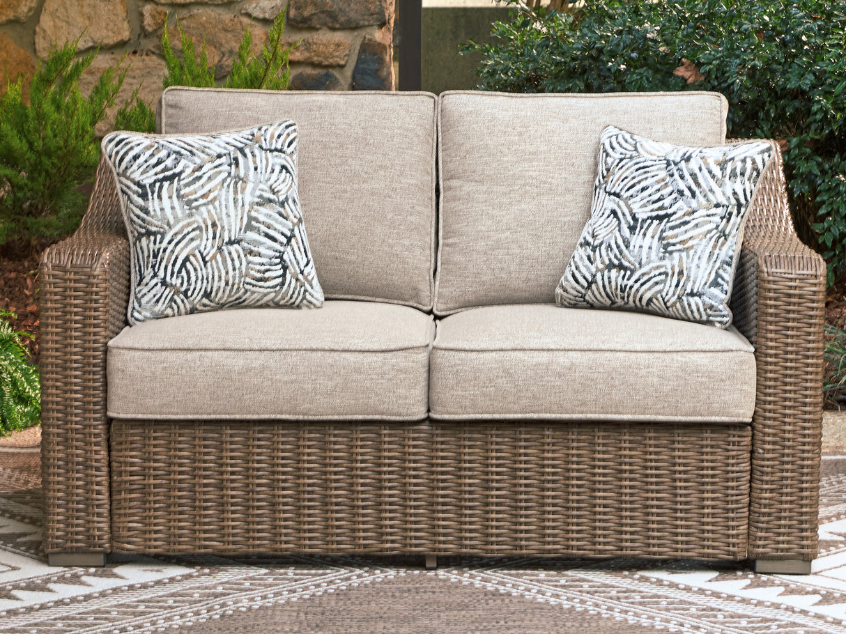Laguna Heights Outdoor Sofa and Loveseat with Coffee Table in Beige from Ashley Furniture - Luna Furniture