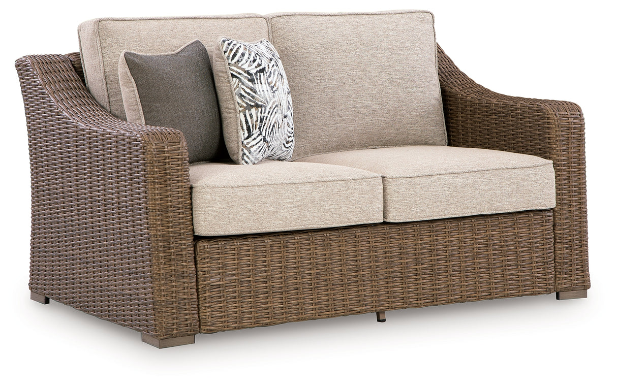 Laguna Heights Outdoor Sofa and Loveseat with Coffee Table in Beige from Ashley Furniture - Luna Furniture