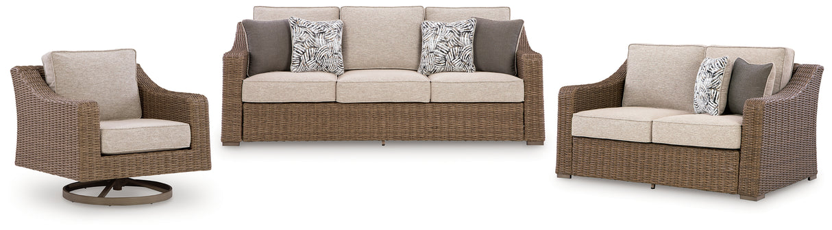 Laguna Heights Outdoor Sofa and Loveseat with Lounge Chair in Beige from Ashley Furniture - Luna Furniture