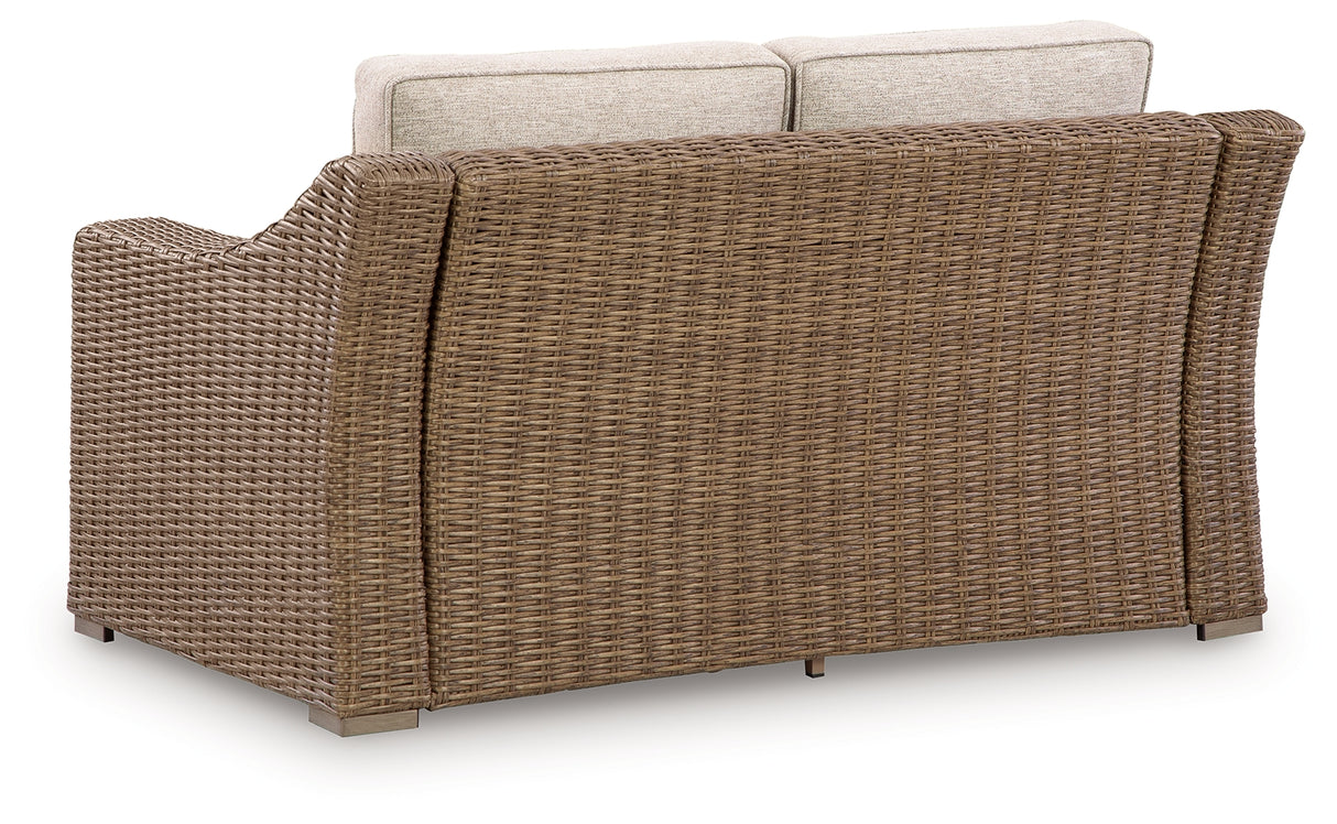 Laguna Heights Outdoor Sofa and Loveseat with Lounge Chair in Beige from Ashley Furniture - Luna Furniture