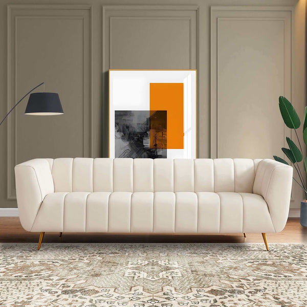 LaMattina Beige Genuine Italian Leather Channel Tufted Sofa