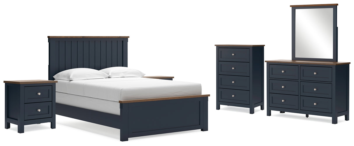 Landocken Full Panel Bed with Mirrored Dresser, Chest and 2 Nightstands in Brown/Blue from Ashley - Luna Furniture