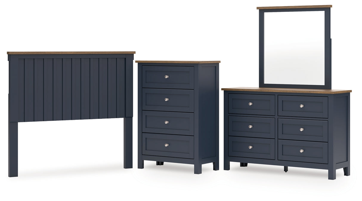 Landocken Full Panel Headboard with Mirrored Dresser and Chest in Brown/Blue from Ashley - Luna Furniture