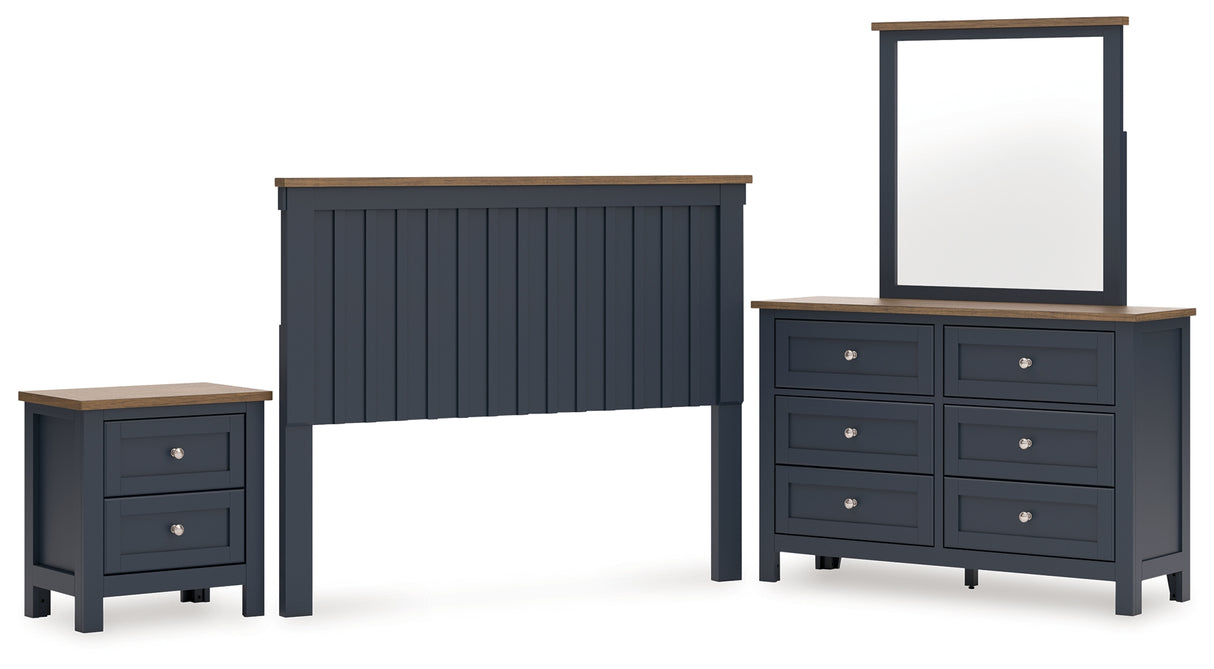 Landocken Queen Panel Headboard with Mirrored Dresser and Nightstand in Brown/Blue from Ashley - Luna Furniture