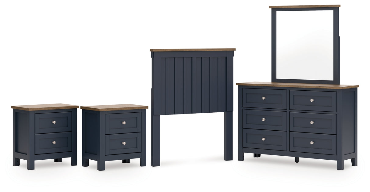 Landocken Twin Panel Headboard with Mirrored Dresser and 2 Nightstands in Brown/Blue from Ashley - Luna Furniture