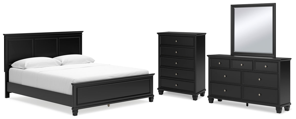 Lanolee California King Panel Bed with Mirrored Dresser and Chest in Black from Ashley - Luna Furniture