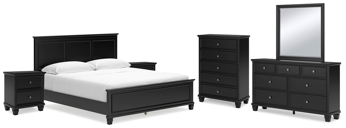 Lanolee California King Panel Bed with Mirrored Dresser, Chest and 2 Nightstands in Black from Ashley - Luna Furniture