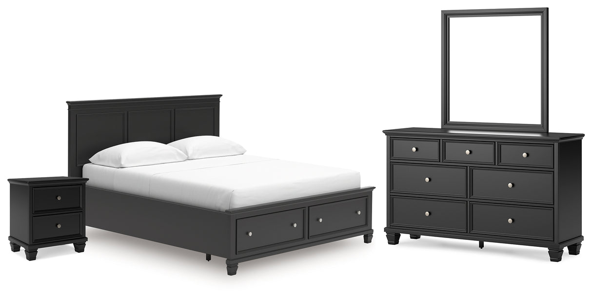 Lanolee California King Panel Storage Bed with Mirrored Dresser and Nightstand in Black from Ashley - Luna Furniture