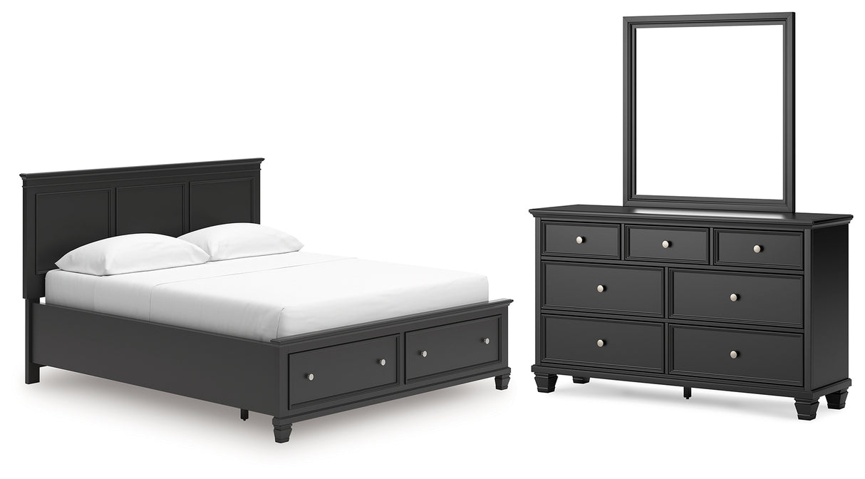 Lanolee California King Panel Storage Bed with Mirrored Dresser in Black from Ashley - Luna Furniture