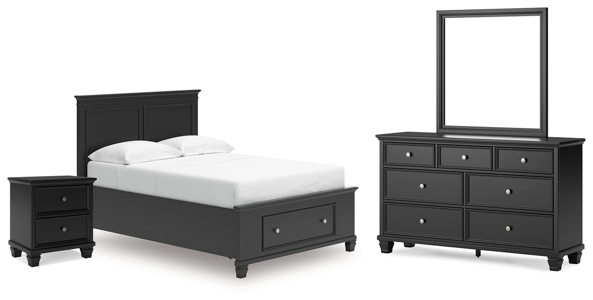 Lanolee Full Panel Storage Bed with Mirrored Dresser and Nightstand in Black from Ashley - Luna Furniture