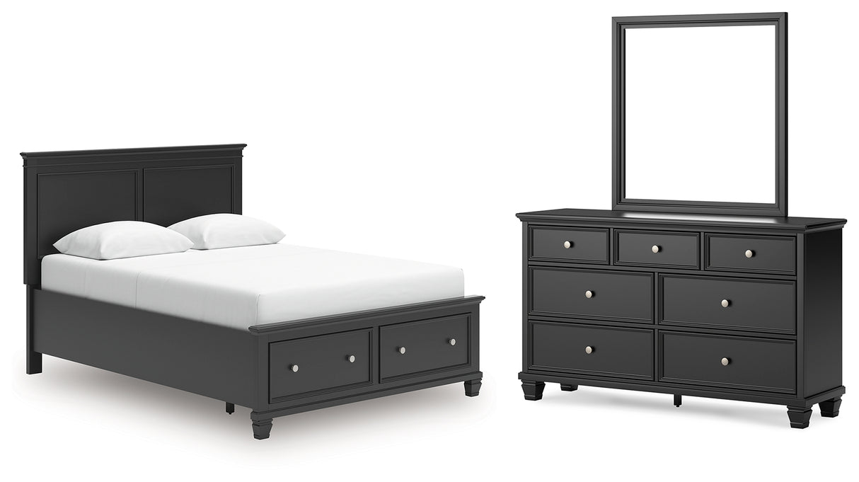 Lanolee Queen Panel Storage Bed with Mirrored Dresser in Black from Ashley Furniture - Luna Furniture