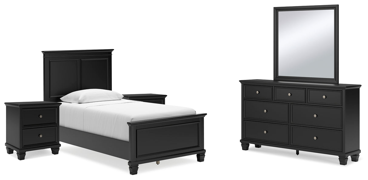 Lanolee Twin Panel Bed with Mirrored Dresser and 2 Nightstands in Black from Ashley - Luna Furniture
