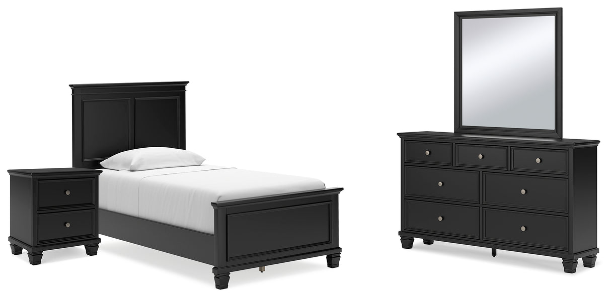 Lanolee Twin Panel Bed with Mirrored Dresser and Nightstand in Black from Ashley Furniture - Luna Furniture