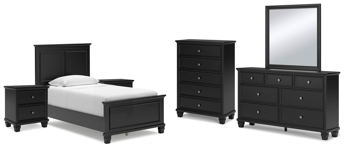 Lanolee Twin Panel Bed with Mirrored Dresser, Chest and 2 Nightstands in Black from Ashley - Luna Furniture