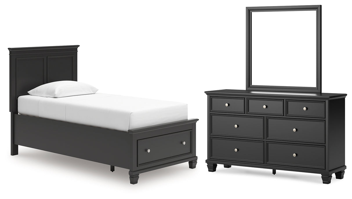Lanolee Twin Panel Storage Bed with Mirrored Dresser in Black from Ashley - Luna Furniture