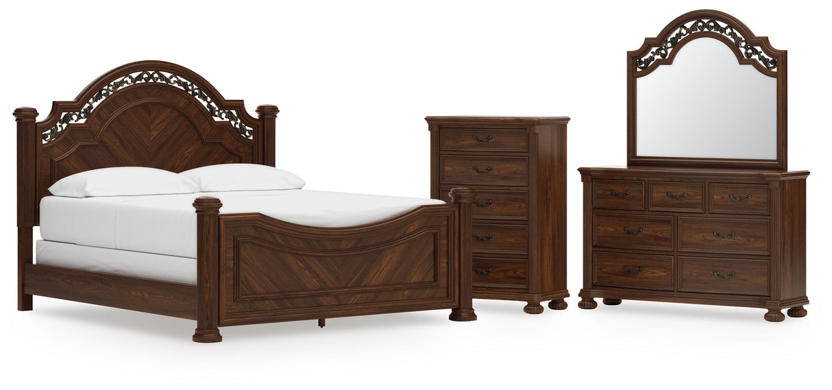Lavinton California King Poster Bed with Mirrored Dresser and Chest in Brown from Ashley - Luna Furniture