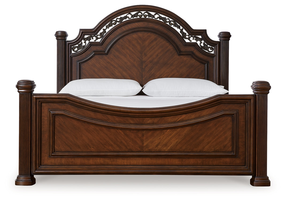 Lavinton California King Poster Bed with Mirrored Dresser, Chest and 2 Nightstands in Brown from Ashley - Luna Furniture