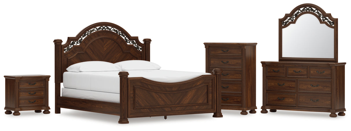 Lavinton California King Poster Bed with Mirrored Dresser, Chest and Nightstand in Brown from Ashley - Luna Furniture