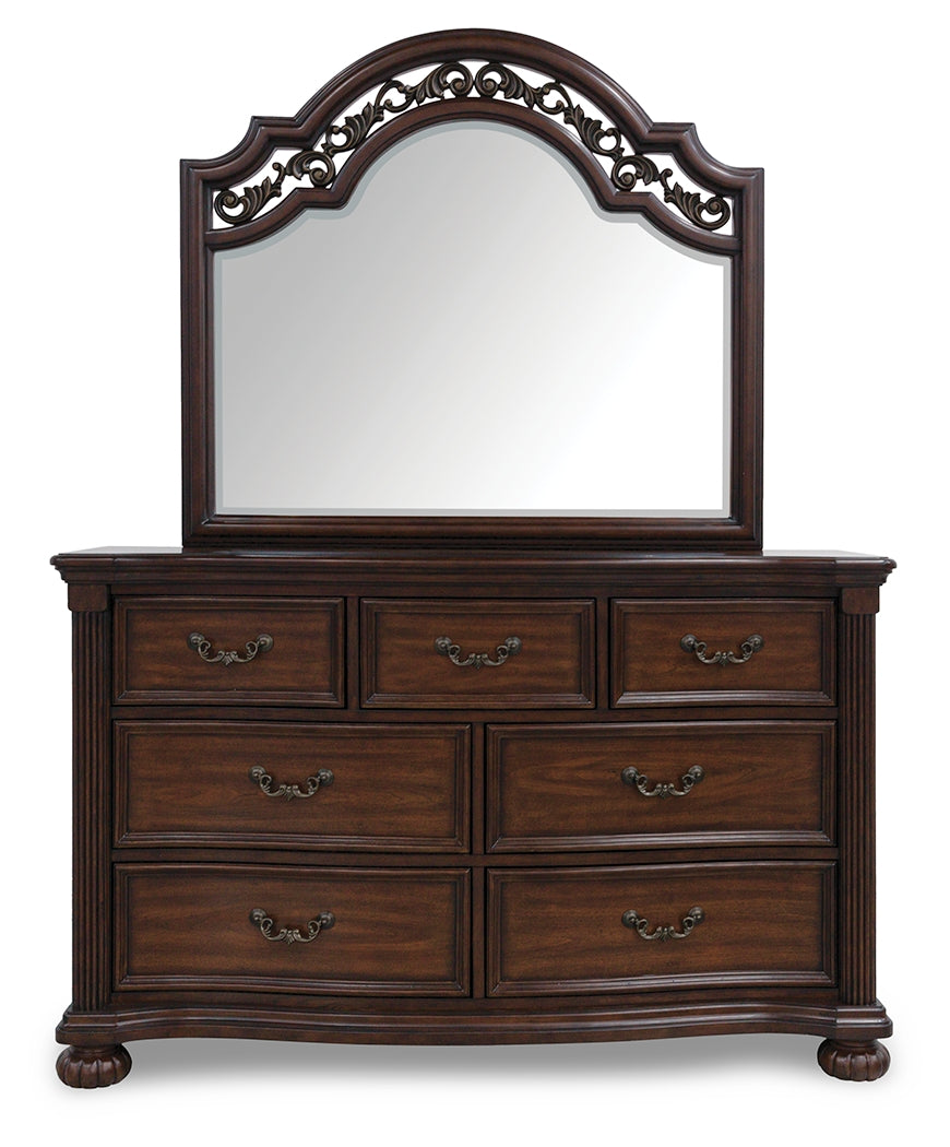 Lavinton King Poster Bed with Mirrored Dresser and Chest in Brown from Ashley - Luna Furniture