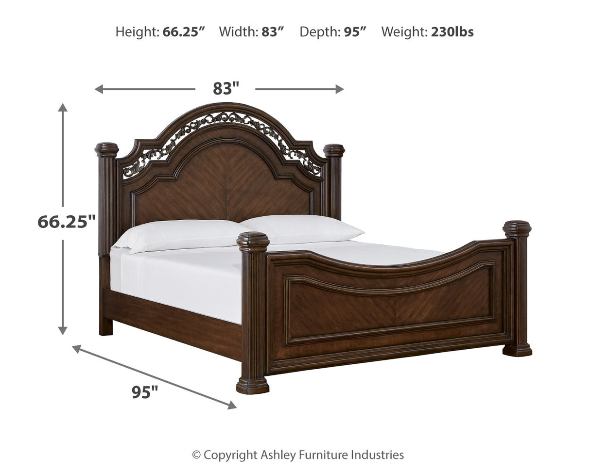 Lavinton King Poster Bed with Mirrored Dresser and Chest in Brown from Ashley - Luna Furniture