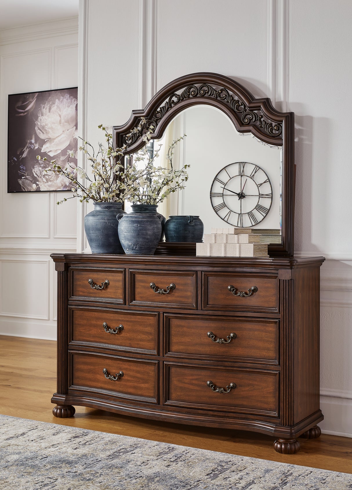 Lavinton King Poster Bed with Mirrored Dresser and Chest in Brown from Ashley - Luna Furniture