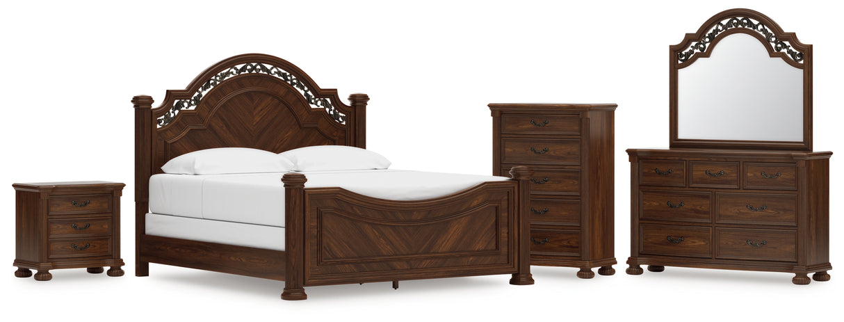 Lavinton King Poster Bed with Mirrored Dresser, Chest and Nightstand in Brown from Ashley - Luna Furniture