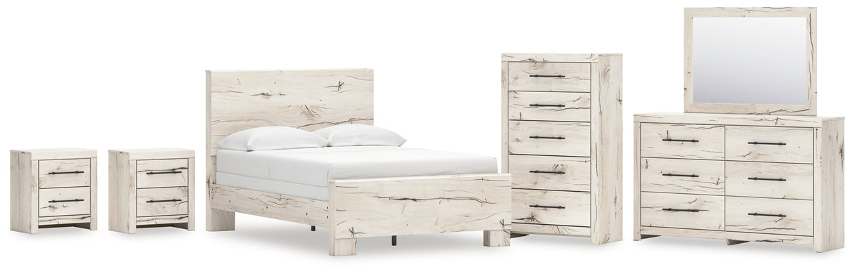Lawroy Full Panel Bed with Mirrored Dresser, Chest and 2 Nightstands in Light Natural from Ashley - Luna Furniture