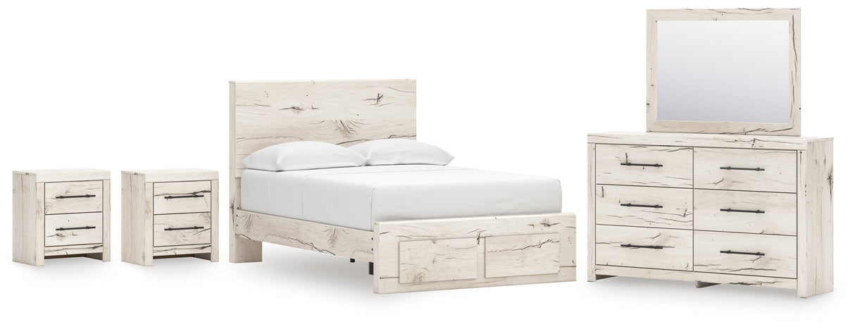 Lawroy Light Natural Twin Panel Bed with Storage with Mirrored Dresser and Chest from Ashley - Luna Furniture