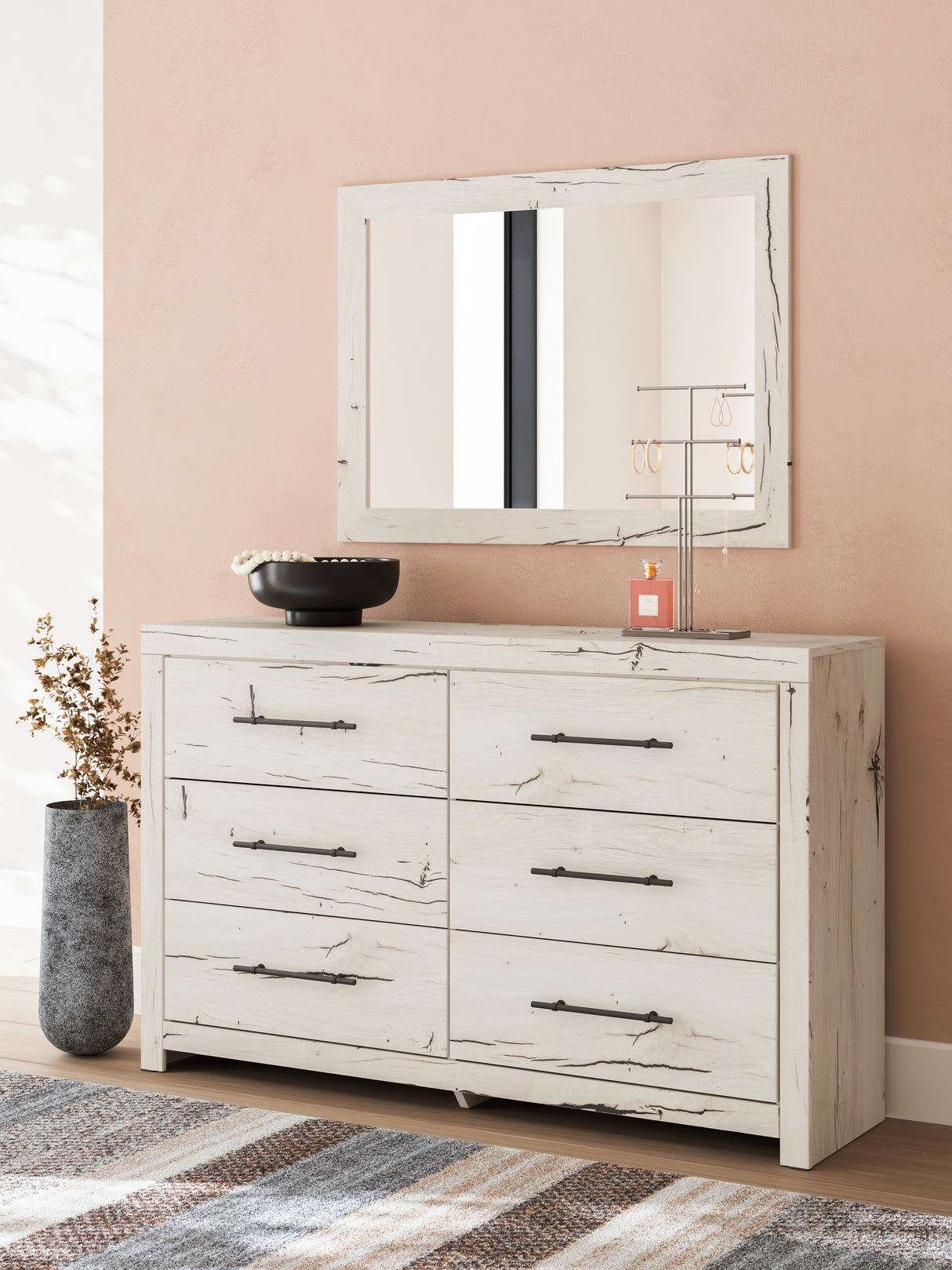 Lawroy Light Natural Twin Panel Bed with Storage with Mirrored Dresser and Chest from Ashley - Luna Furniture