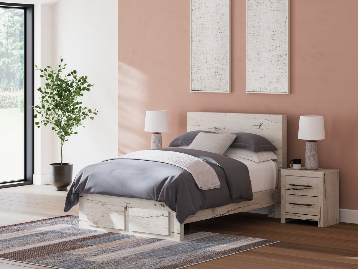 Lawroy Light Natural Twin Panel Bed with Storage with Mirrored Dresser and Chest from Ashley - Luna Furniture