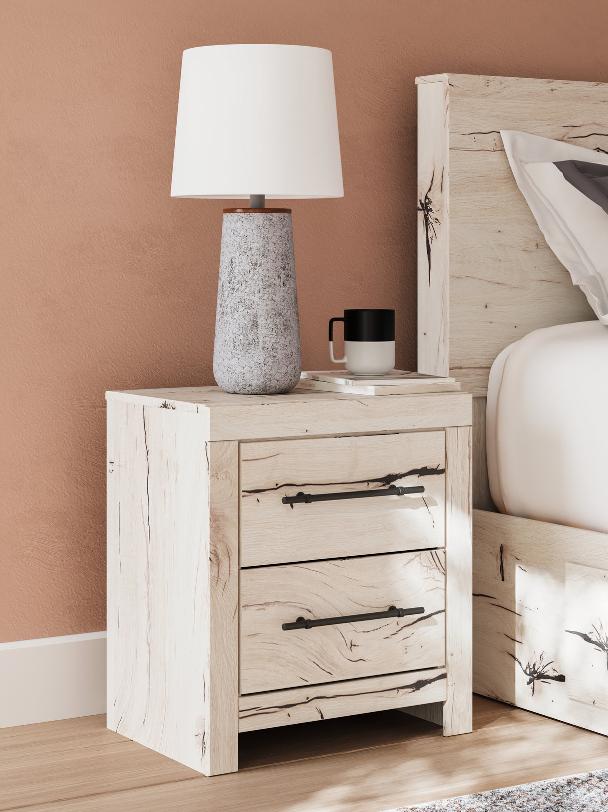 Lawroy Light Natural Twin Panel Bed with Storage with Mirrored Dresser and Chest from Ashley - Luna Furniture