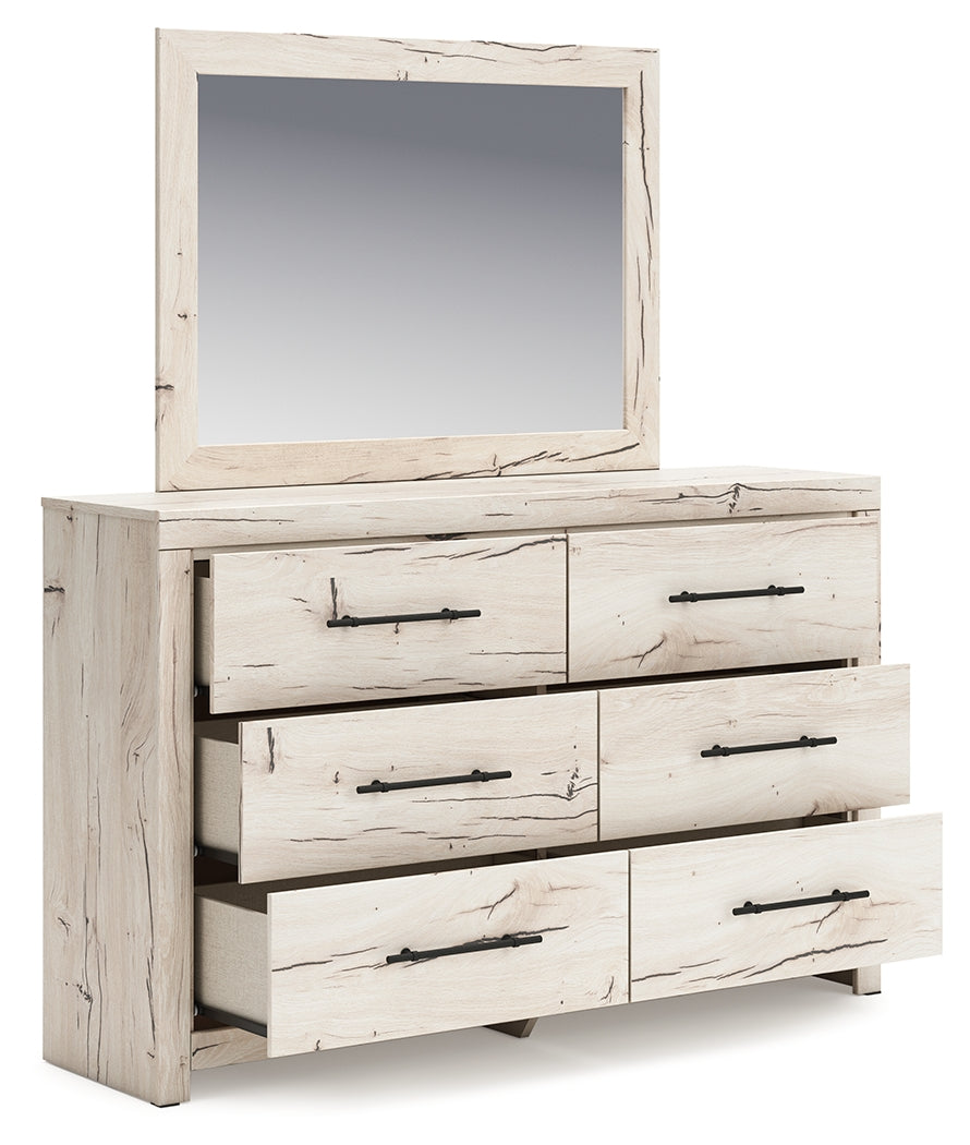 Lawroy Light Natural Twin Panel Bed with Storage with Mirrored Dresser and Chest from Ashley - Luna Furniture