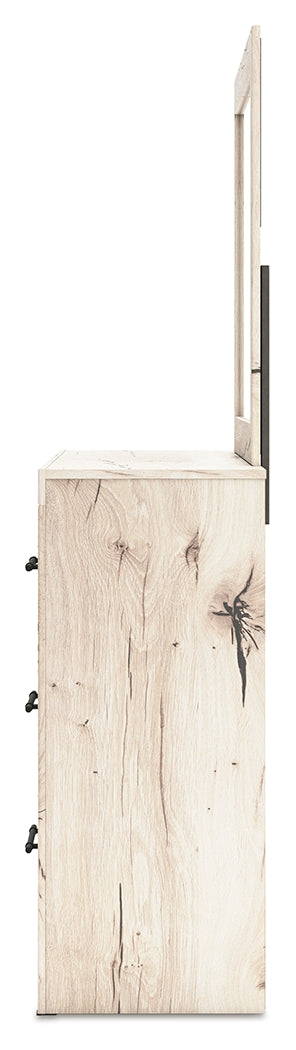 Lawroy Light Natural Twin Panel Bed with Storage with Mirrored Dresser and Chest from Ashley - Luna Furniture