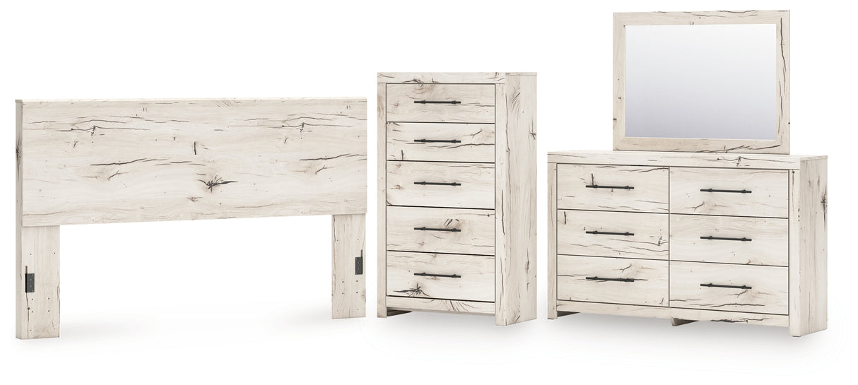 Lawroy King Panel Headboard with Mirrored Dresser and Chest in Light Natural from Ashley - Luna Furniture