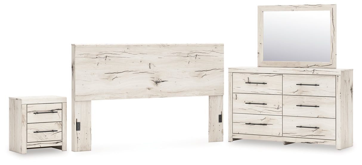 Lawroy King Panel Headboard with Mirrored Dresser and Nightstand in Light Natural from Ashley - Luna Furniture