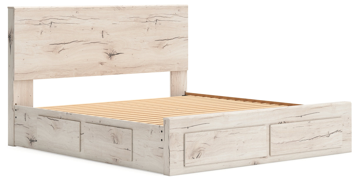 Lawroy Light Natural King Panel Storage Bed with Mirrored Dresser and Chest from Ashley - Luna Furniture