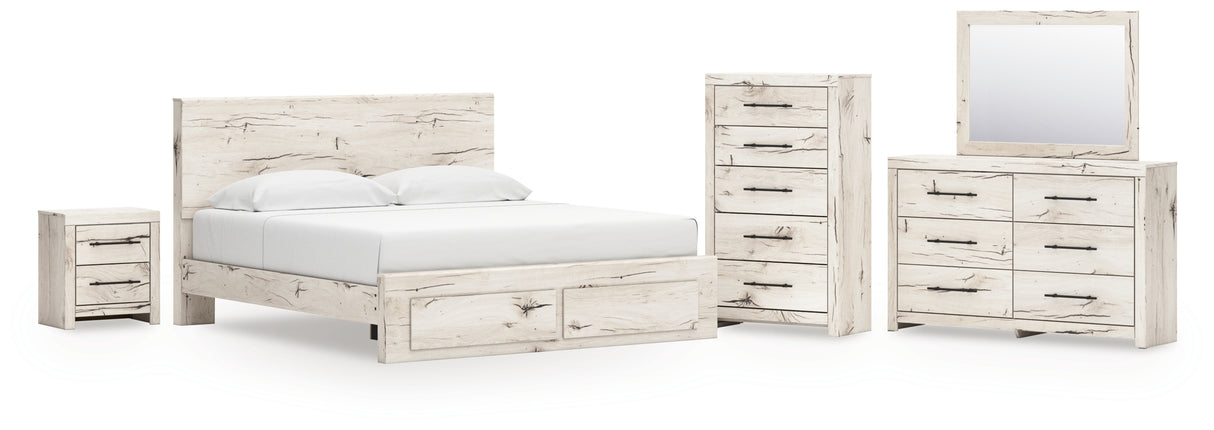 Lawroy King Panel Storage Bed with Mirrored Dresser, Chest and Nightstand in Light Natural from Ashley - Luna Furniture