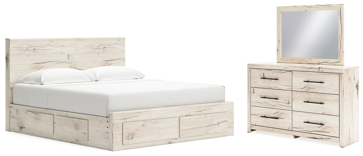 Lawroy King Panel Storage Bed with Mirrored Dresser in Light Natural from Ashley - Luna Furniture