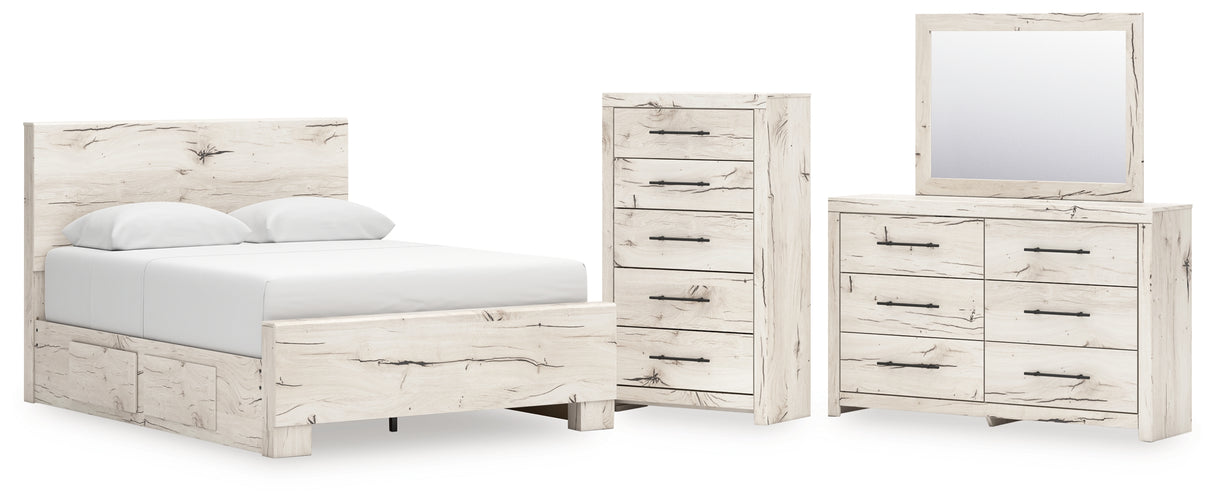 Lawroy Light Natural Queen Panel Bed with Mirrored Dresser and Chest from Ashley - Luna Furniture