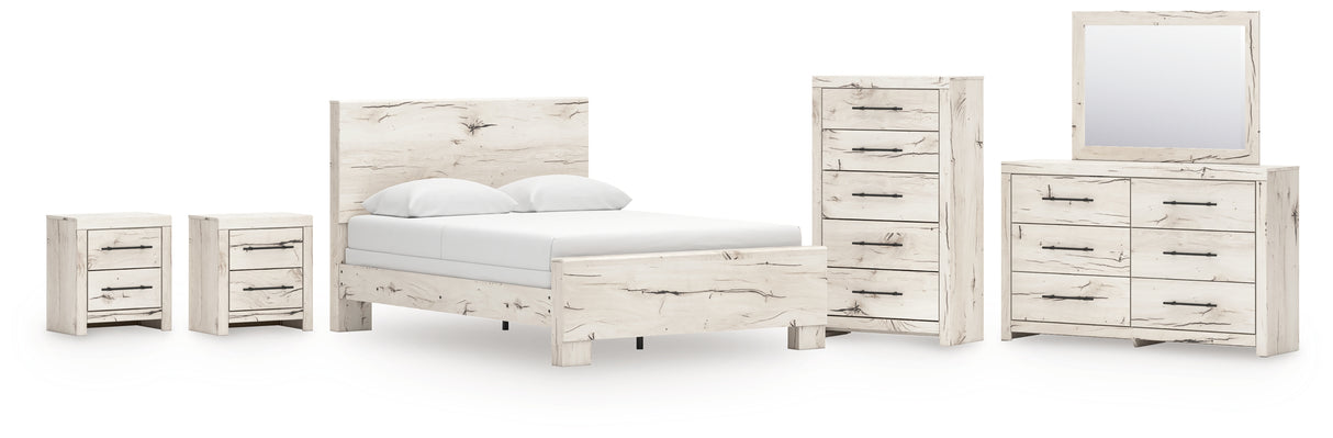 Lawroy Queen Panel Bed with Mirrored Dresser, Chest and 2 Nightstands in Light Natural from Ashley - Luna Furniture