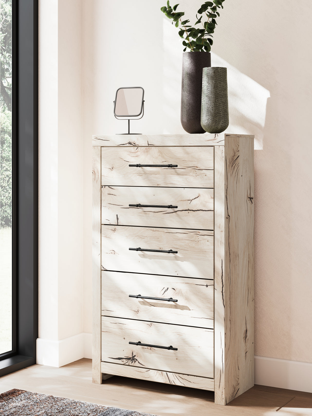 Lawroy Light Natural Queen Panel Bed with Mirrored Dresser, Chest and 2 Nightstands from Ashley - Luna Furniture