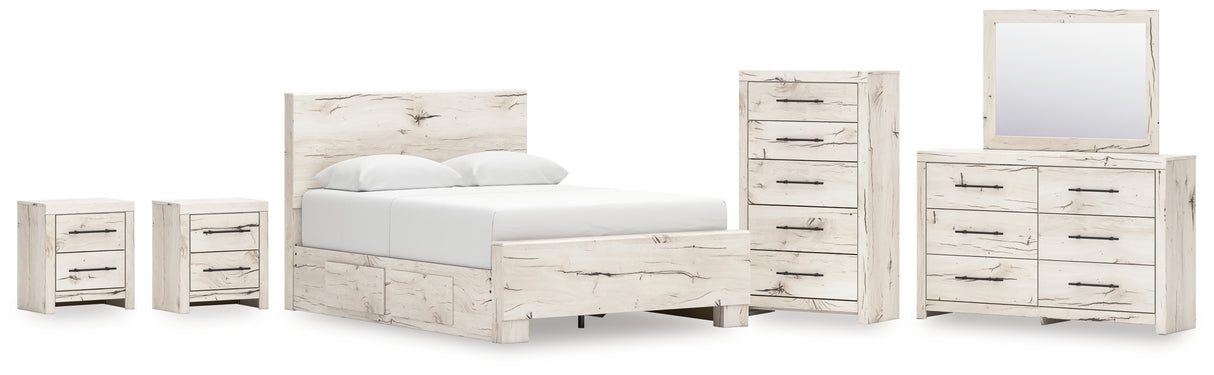 Lawroy Light Natural Queen Panel Bed with Mirrored Dresser, Chest and 2 Nightstands from Ashley - Luna Furniture
