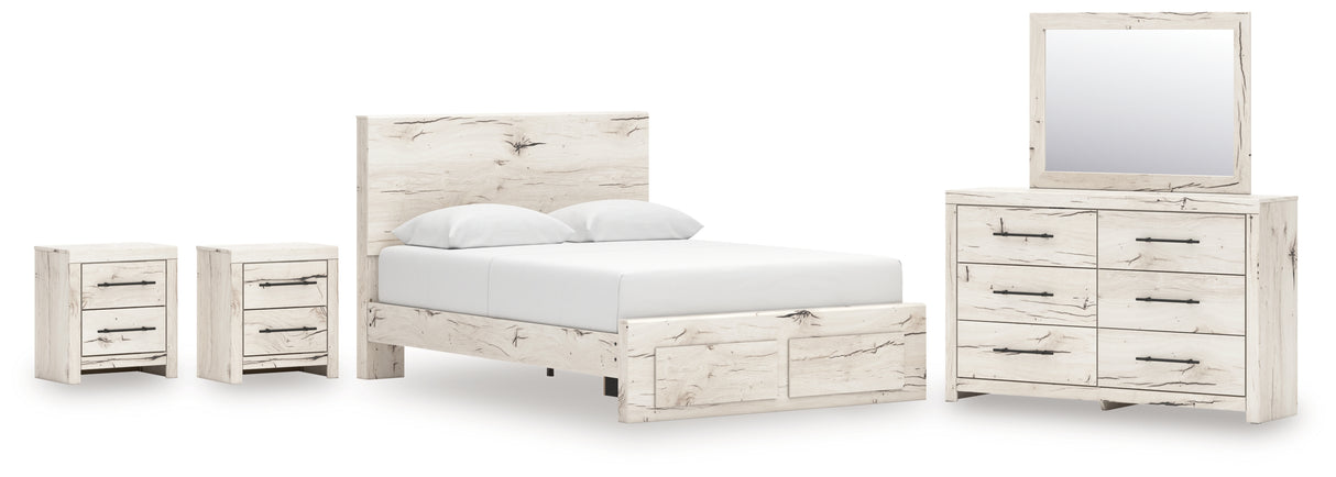Lawroy Queen Panel Storage Bed with Mirrored Dresser and 2 Nightstands in Light Natural from Ashley - Luna Furniture