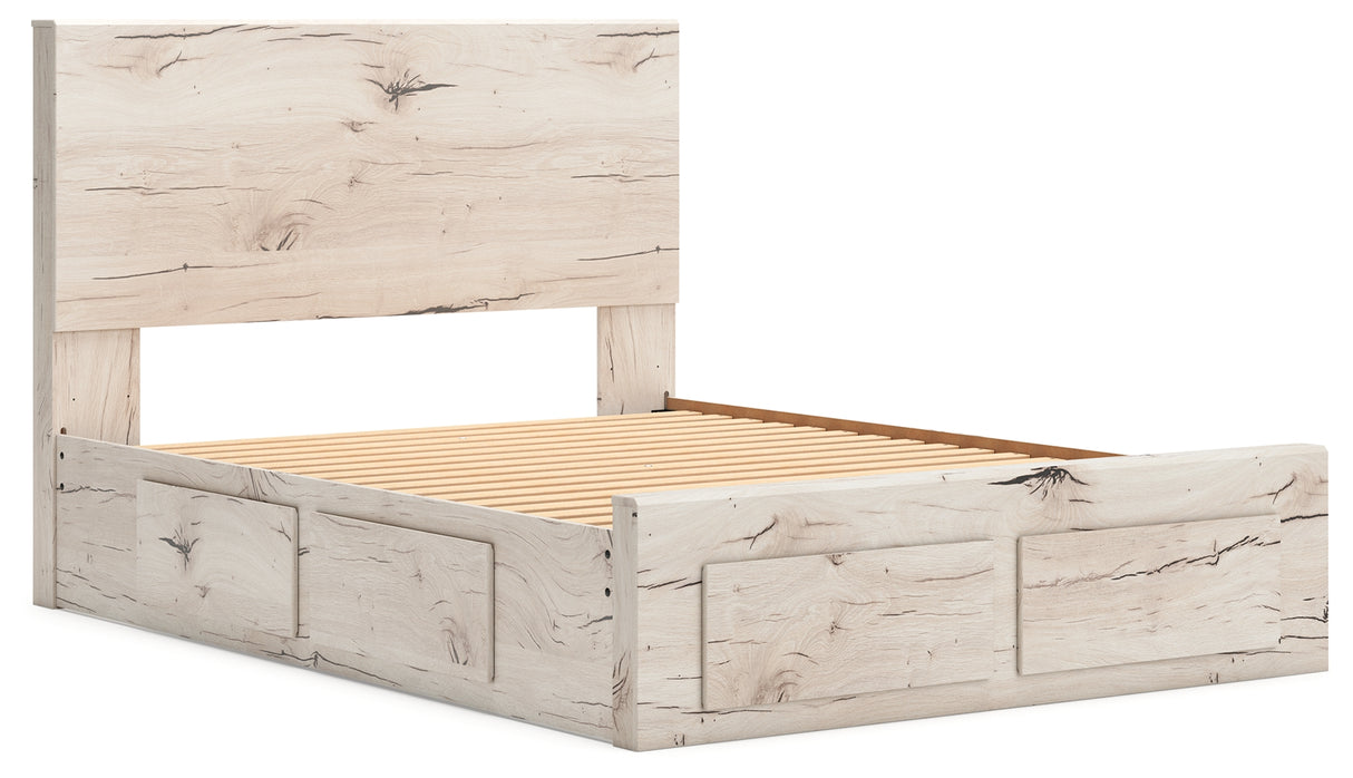 Lawroy Light Natural Queen Panel Storage Bed with Mirrored Dresser and Chest from Ashley Furniture - Luna Furniture