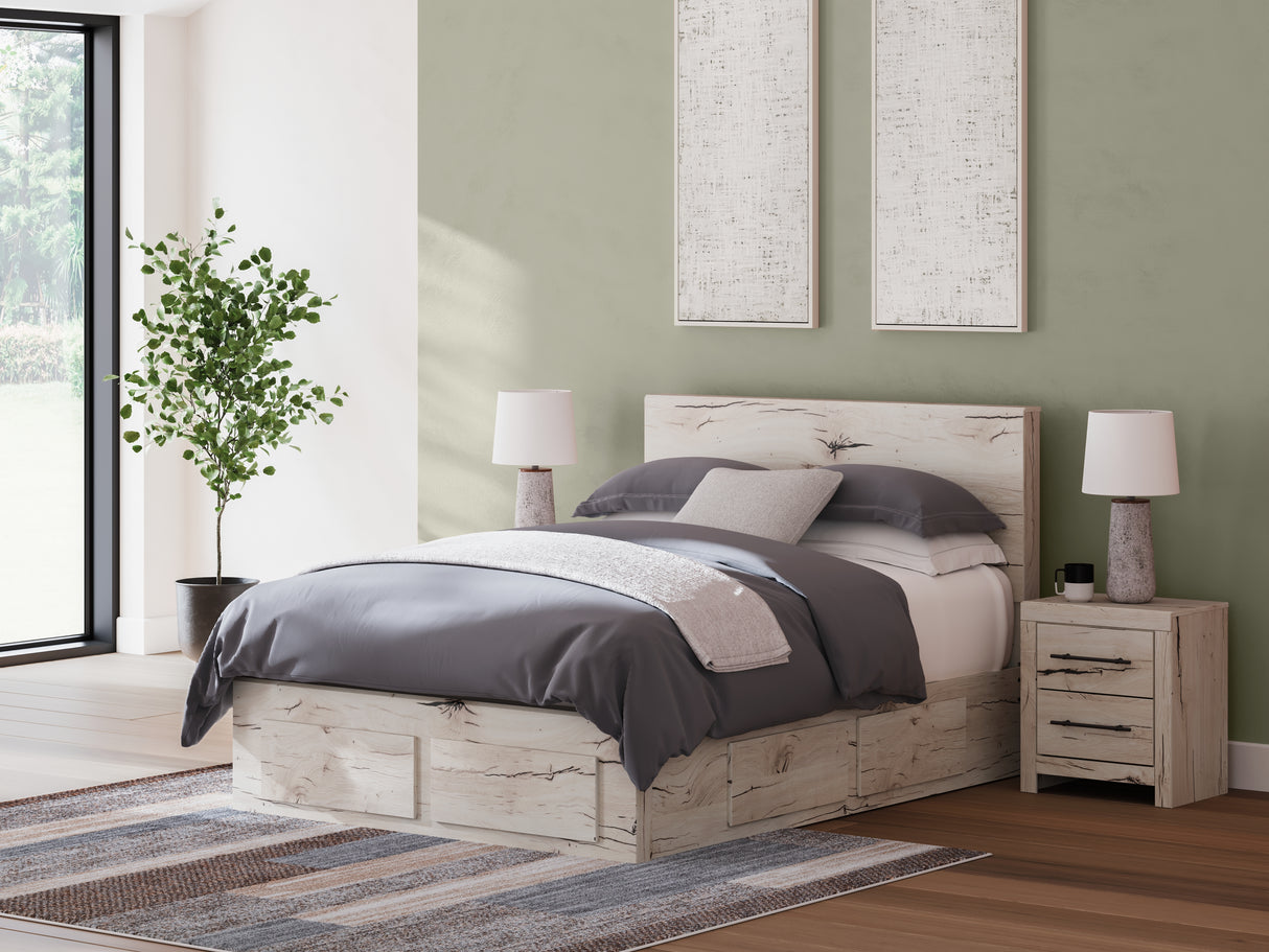 Lawroy Light Natural Queen Panel Storage Bed with Mirrored Dresser and Chest from Ashley Furniture - Luna Furniture