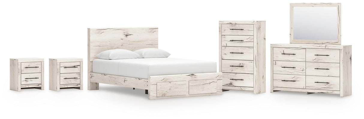Lawroy Queen Panel Storage Bed with Mirrored Dresser, Chest and 2 Nightstands in Light Natural from Ashley - Luna Furniture