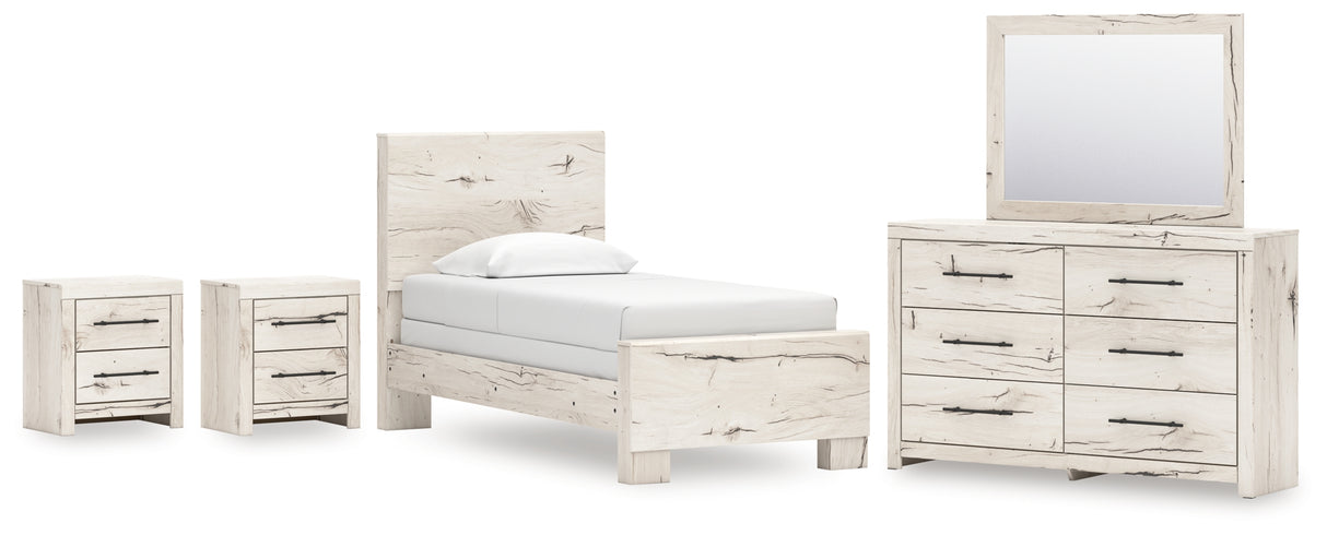 Lawroy Twin Panel Bed with Mirrored Dresser and 2 Nightstands in Light Natural from Ashley - Luna Furniture