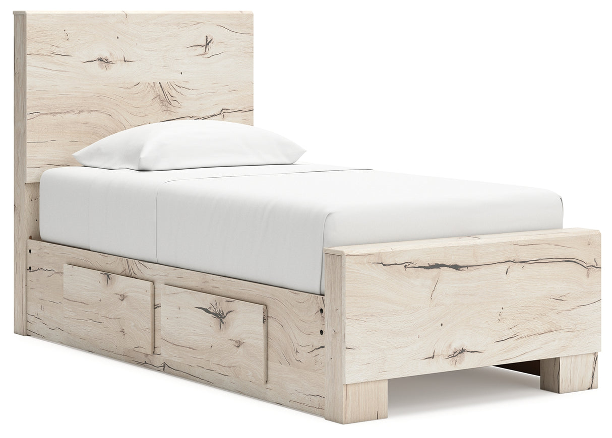 Lawroy Light Natural Twin Panel Bed with Mirrored Dresser, Chest and 2 Nightstands from Ashley - Luna Furniture